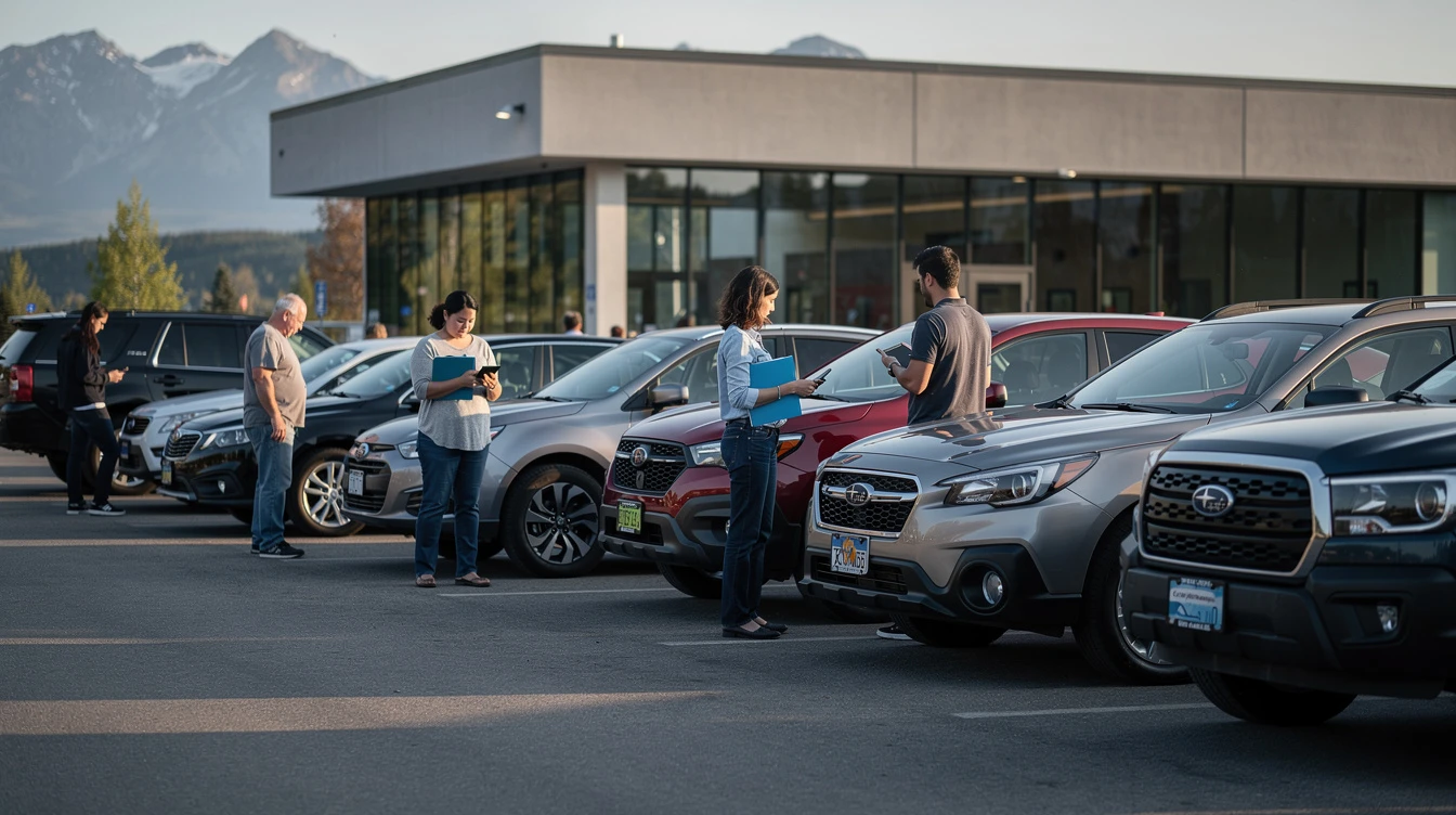 Used cars parked in Colorado dealership lot with sales representatives discussing vehicle registration and pricing costs.
