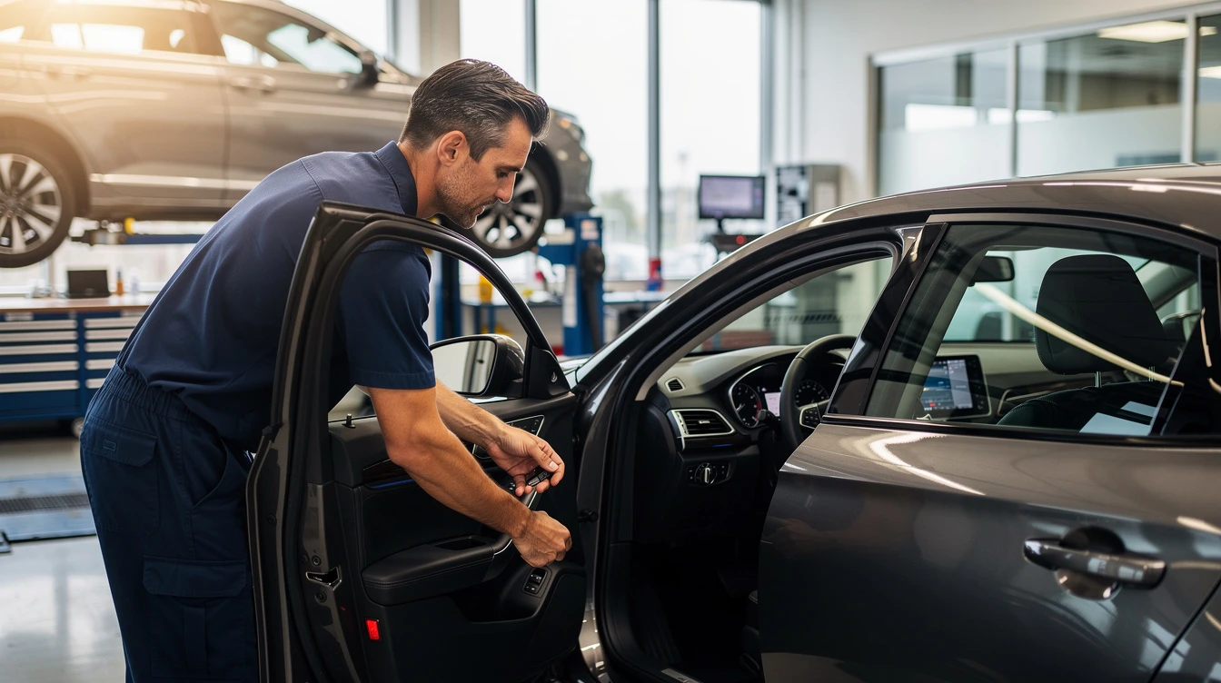 Mechanic inspecting motorcycle in service garage, performing VIN verification and vehicle inspection before registration.