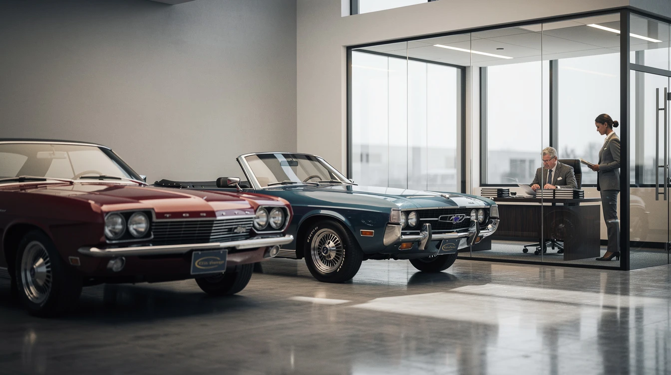 Classic convertible cars displayed in modern showroom with businessman reviewing documentation