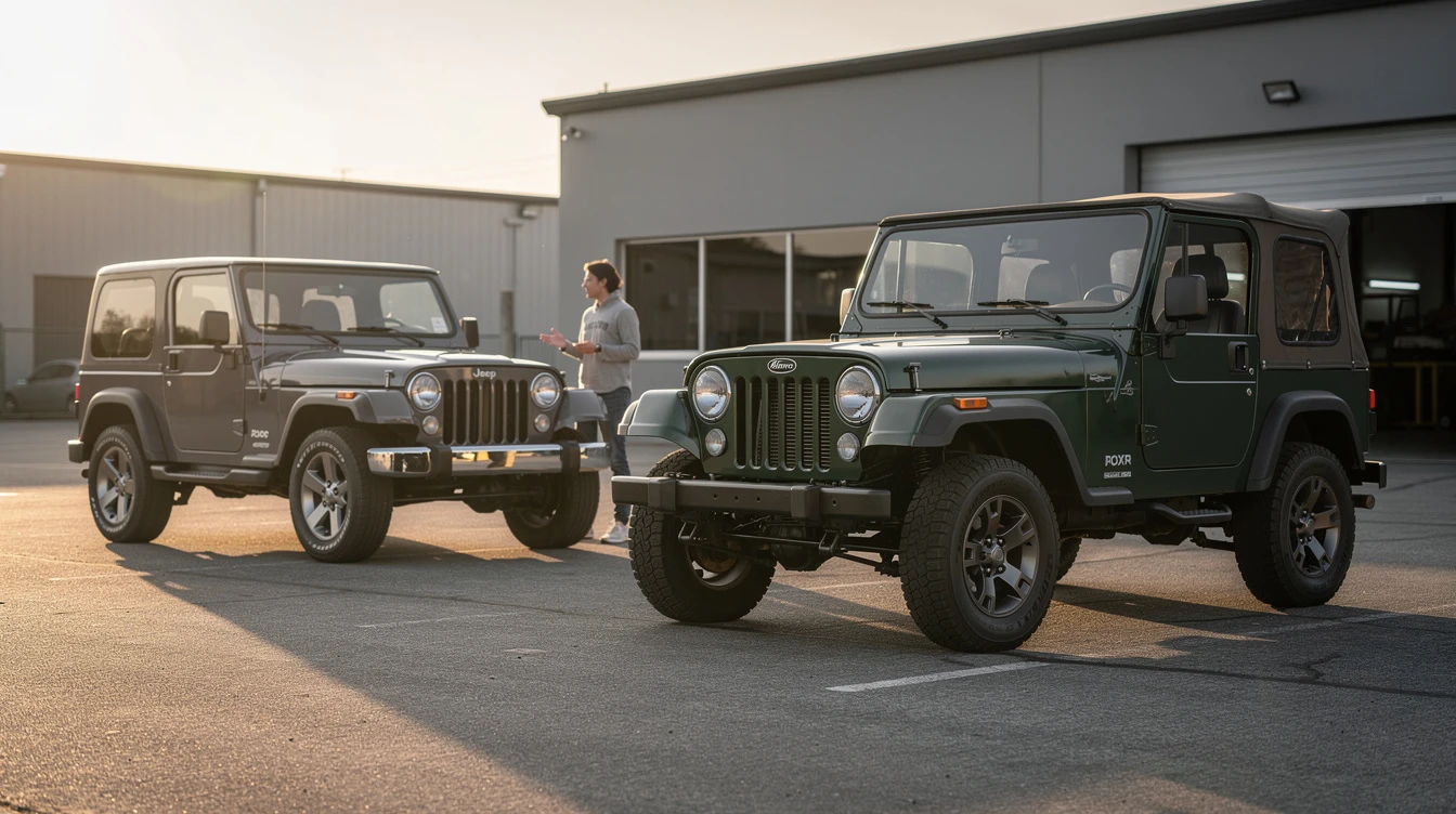 Two compact utility vehicles parked side by side at industrial facility