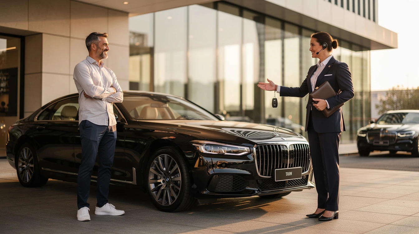 Professional salesperson presenting elevated black sedan to male customer at modern dealership showroom with bespoke