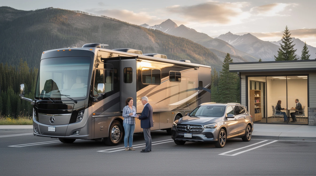 Man and woman discussing RV registration beside elevated motorhome and SUV at mountain resort setting