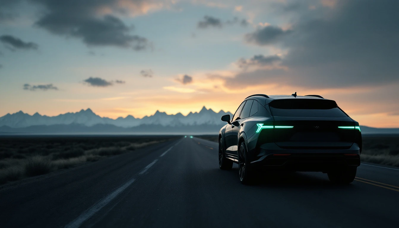 Modern electric SUV driving on desert highway at sunset with mountains in background