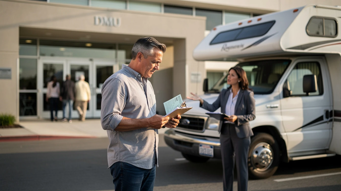 Man examining RV documentation paperwork with sales representative and motorhome vehicle at dealership lot