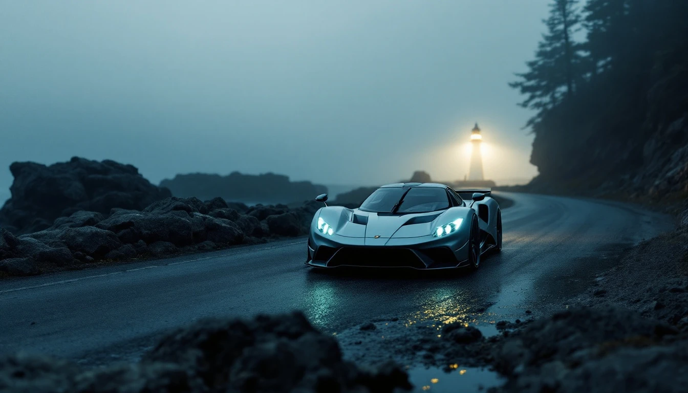 Elevated sports car driving on coastal road at dusk near lighthouse