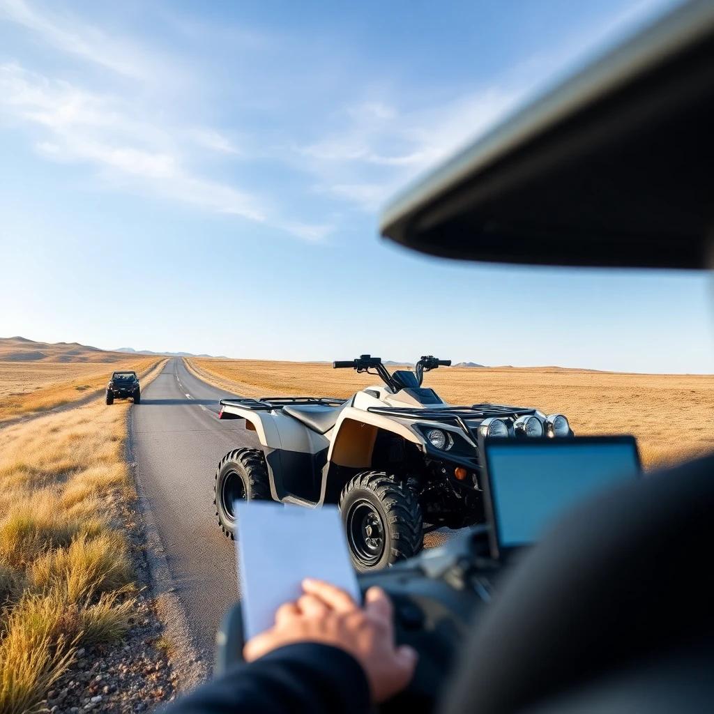 Person holding paperwork while viewing registered ATV on desert highway ready for street use