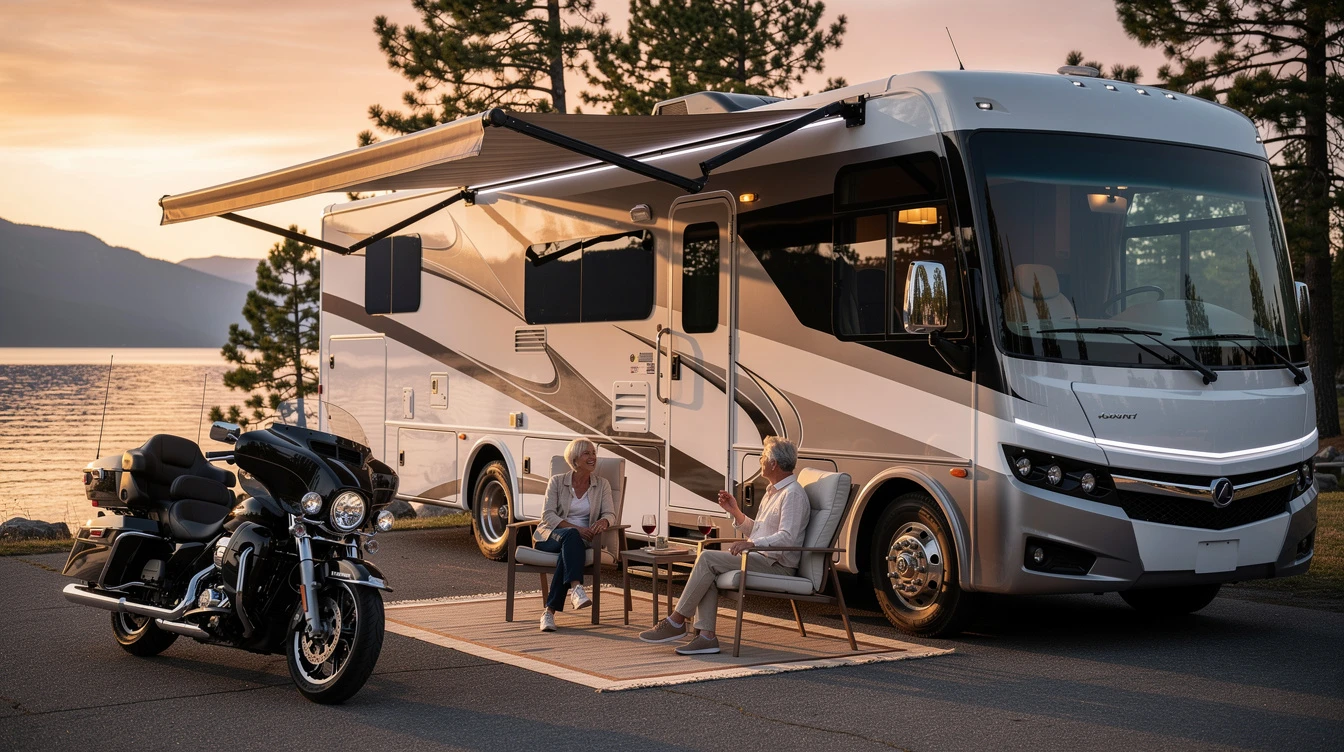 Elevated motorhome with awning extended at lakeside, couple relaxing outdoors near motorcycle, retirement lifestyle.