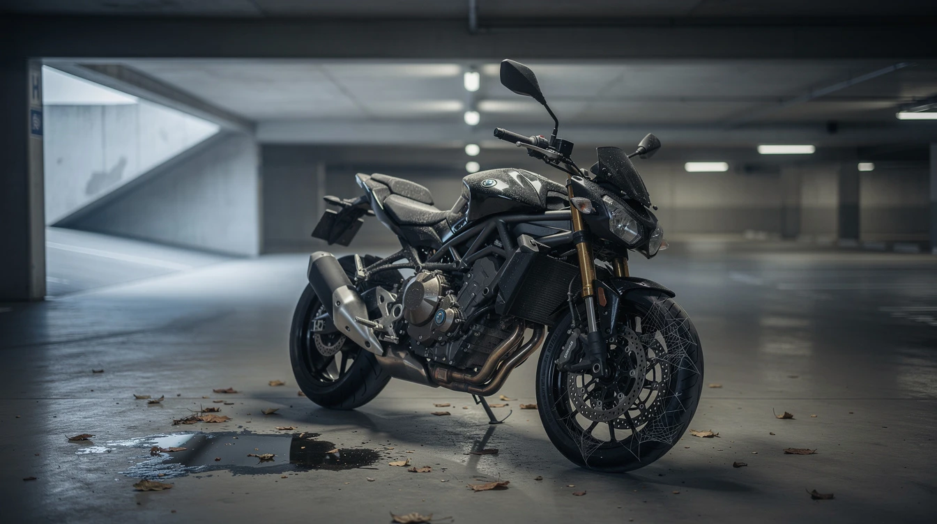 Modern sport motorcycle parked in empty garage, highlighting vehicle asset protection and registration importance for riders