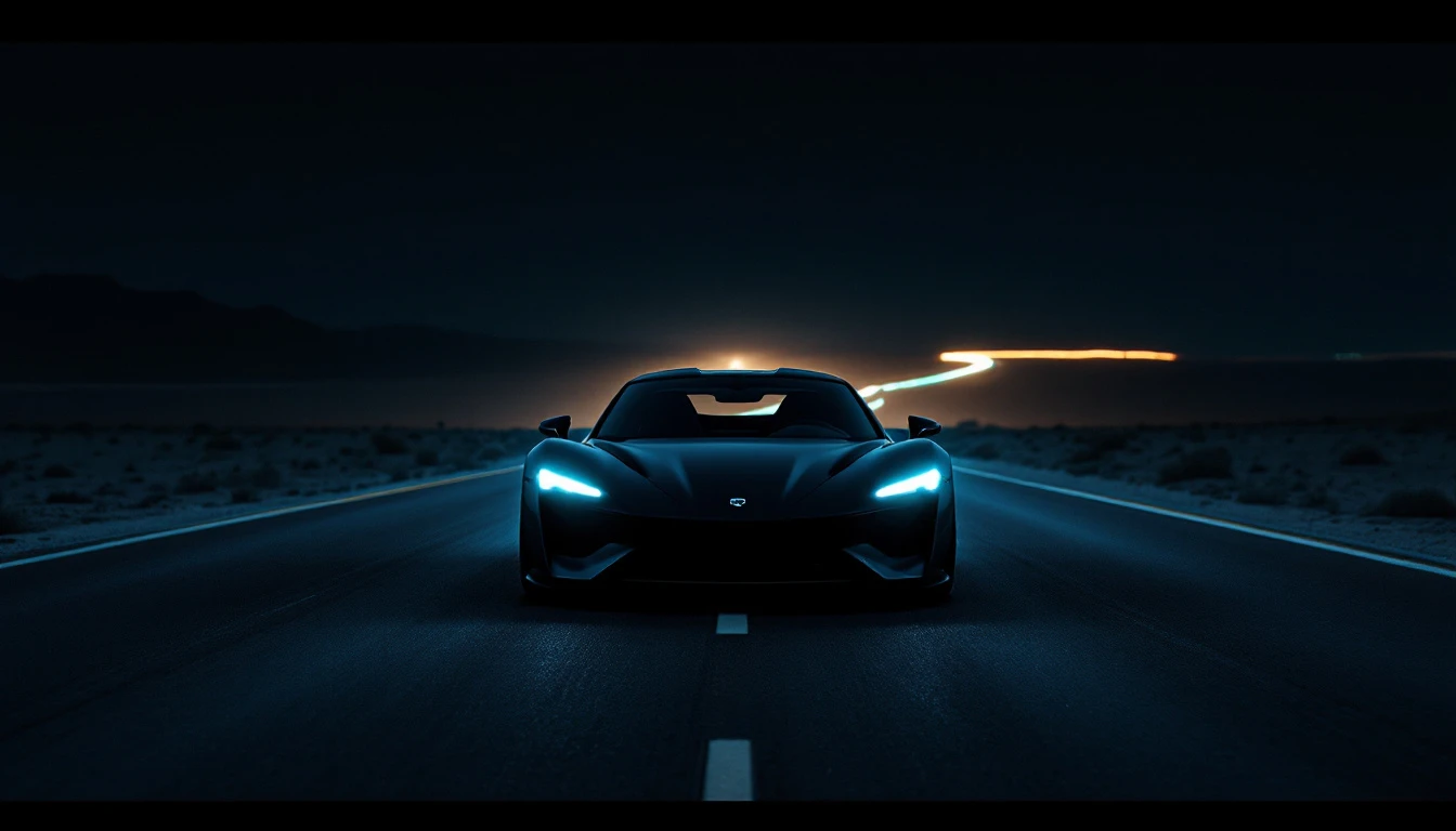 Sleek sports car driving on desert highway at night with glowing headlights