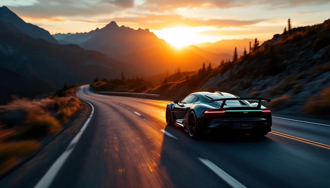 High-performance supercar driving mountain highway at sunset