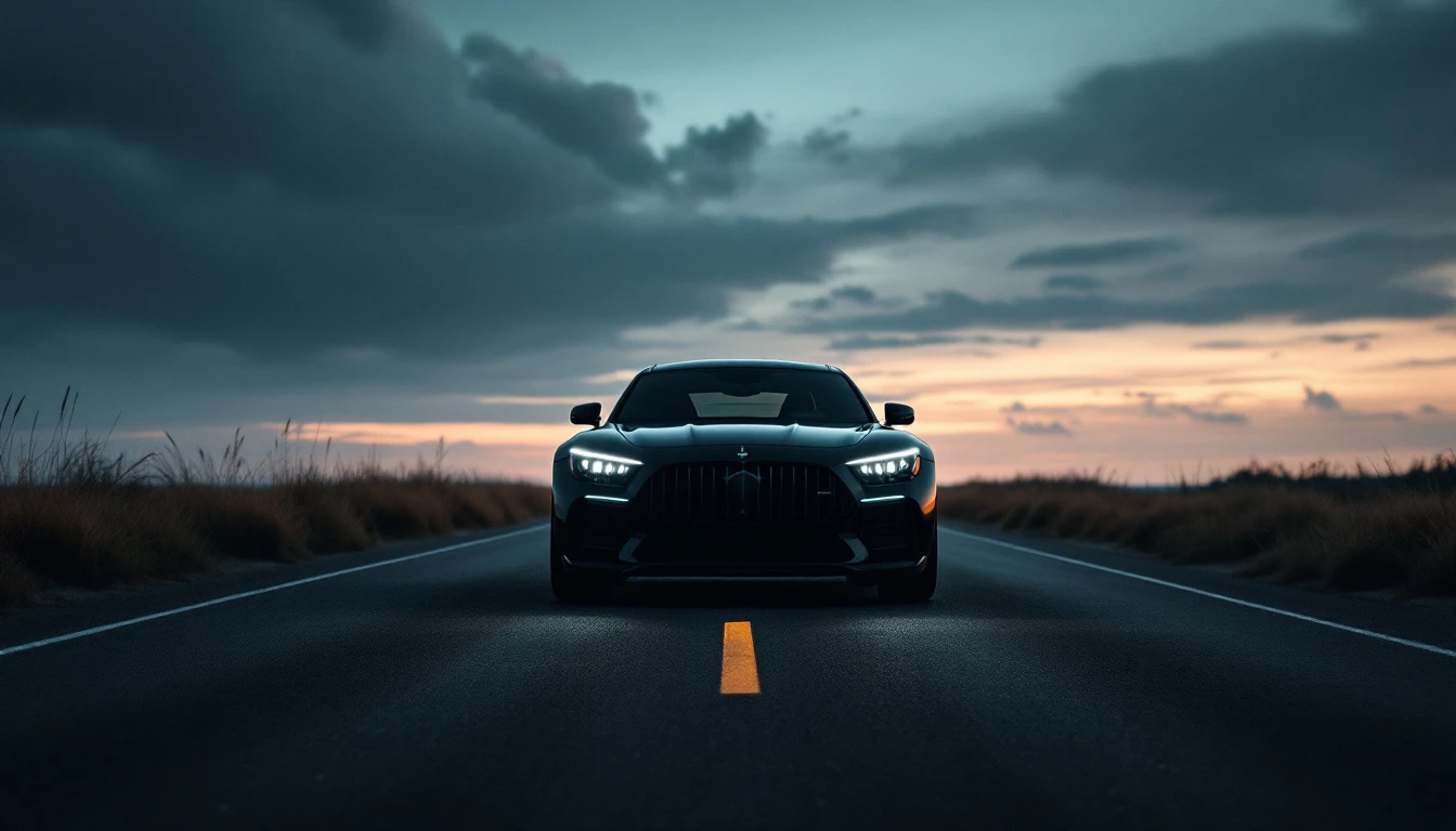 Black sports car driving on empty desert highway at sunset, illustrating Delaware traffic safety and road laws.