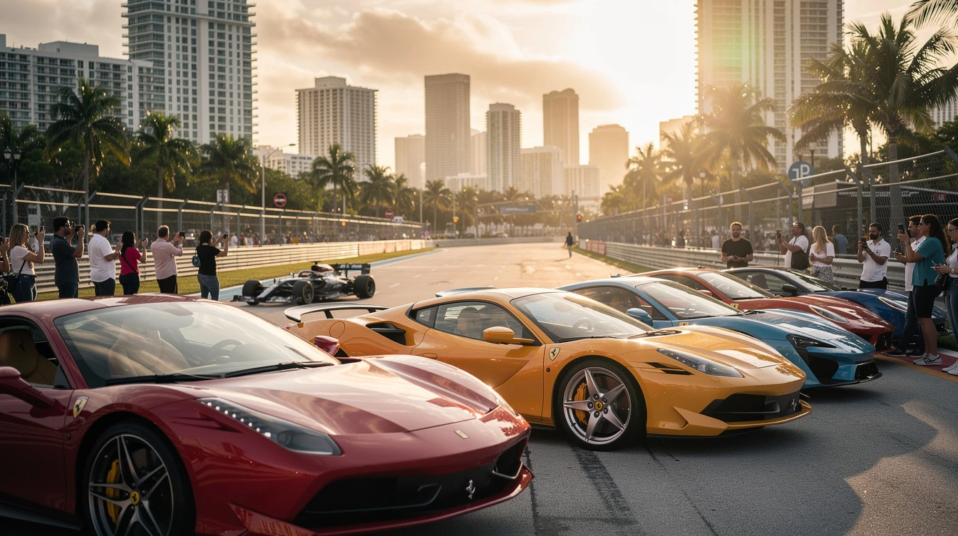 Exotic sports cars and superbikes displayed at Miami Grand Prix racetrack with urban skyline backdrop