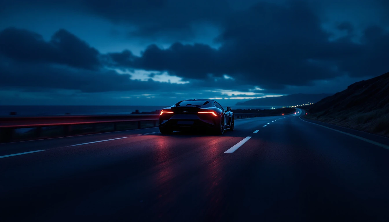 Motorcycle and sports car parked at night with glowing headlights for Father's Day gift ideas