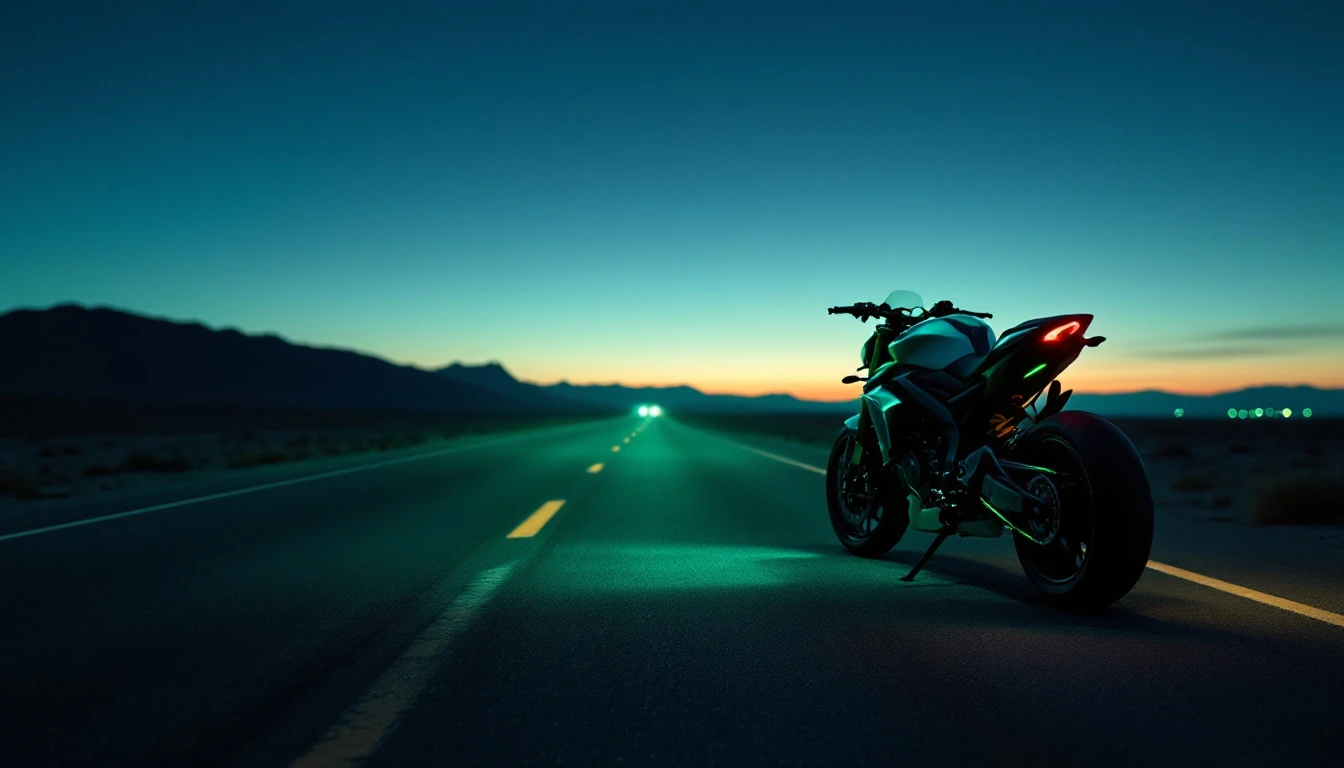 Motorcycle and sports car with glowing lights parked at dusk, Father's Day gift ideas for motorcycle enthusiasts