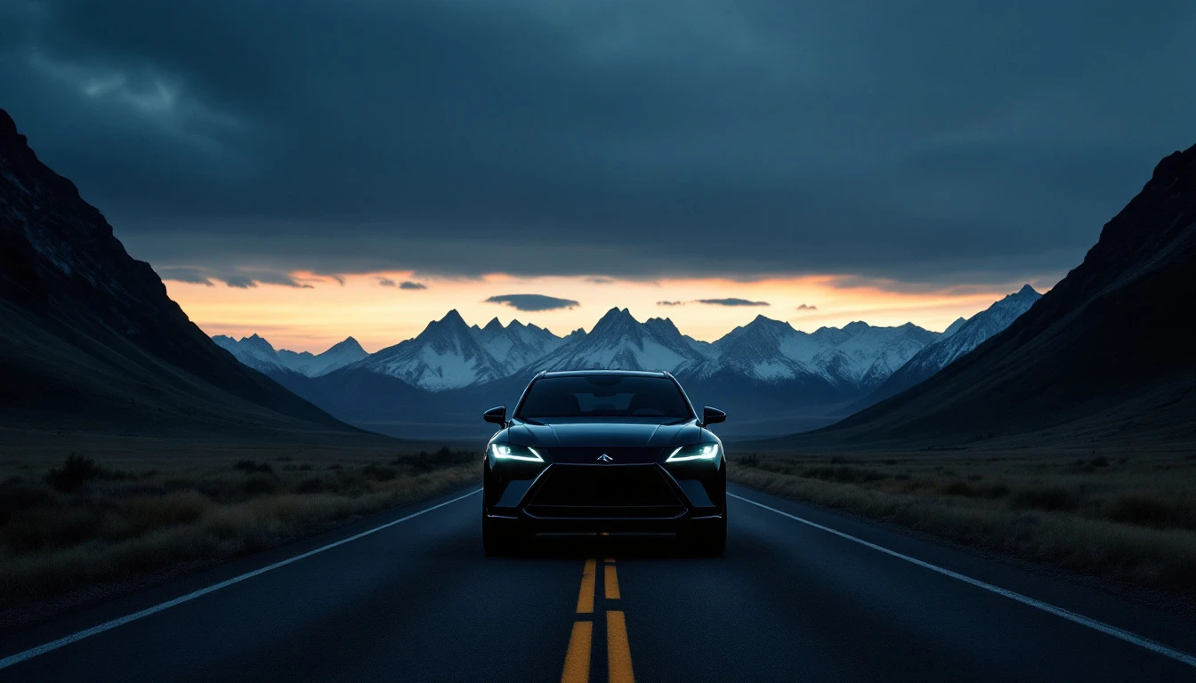 Elevated sports car driving on mountain highway at sunset, symbolizing Montana vehicle registration benefits for high-value