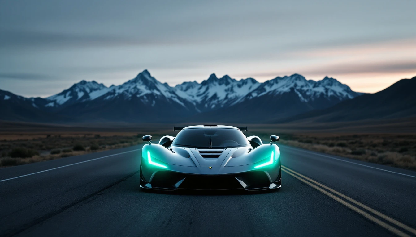 Exotic supercar with turquoise headlights driving mountain highway, Montana registration savings concept