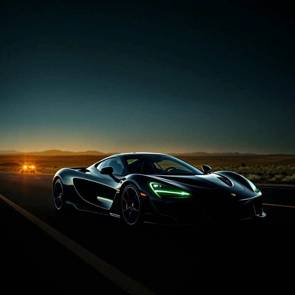 Black supercar with green headlights parked on desert highway at sunset, illustrating out-of-state vehicle registration.