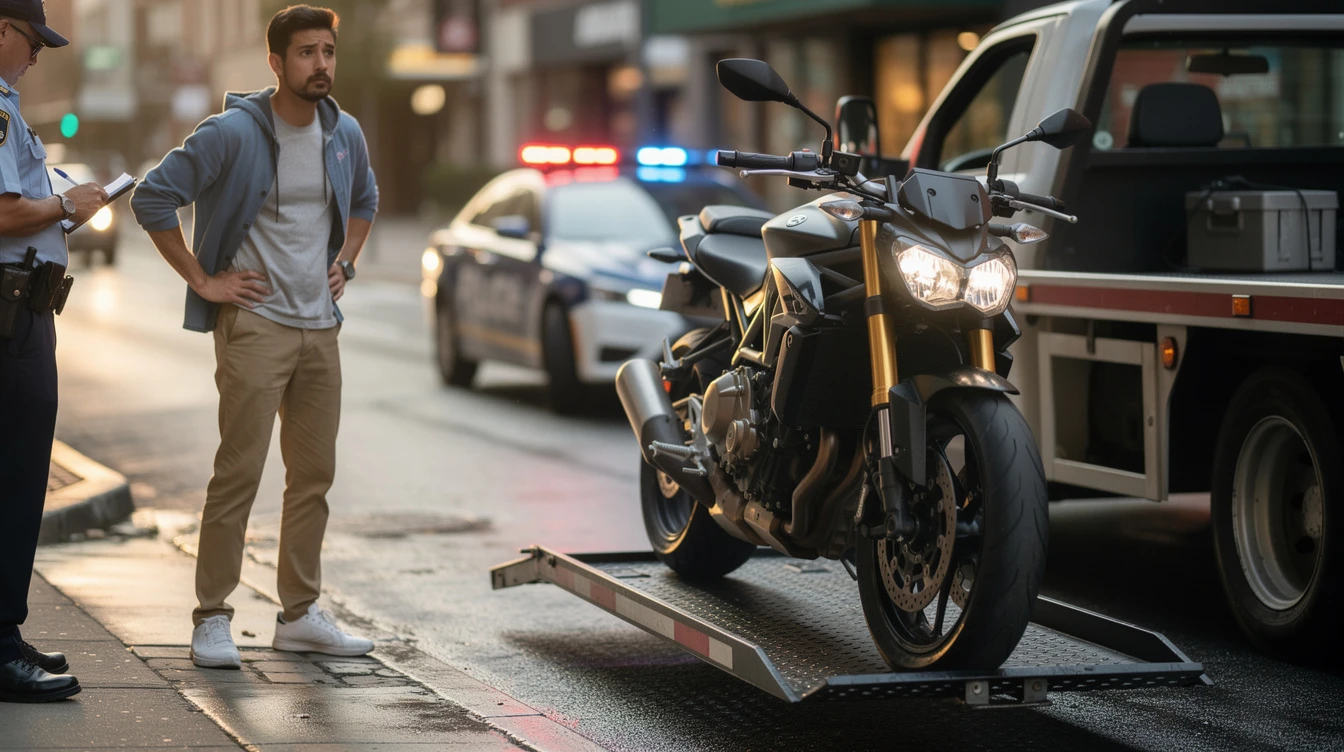 Police officer writing ticket for motorcycle with expired registration on city street