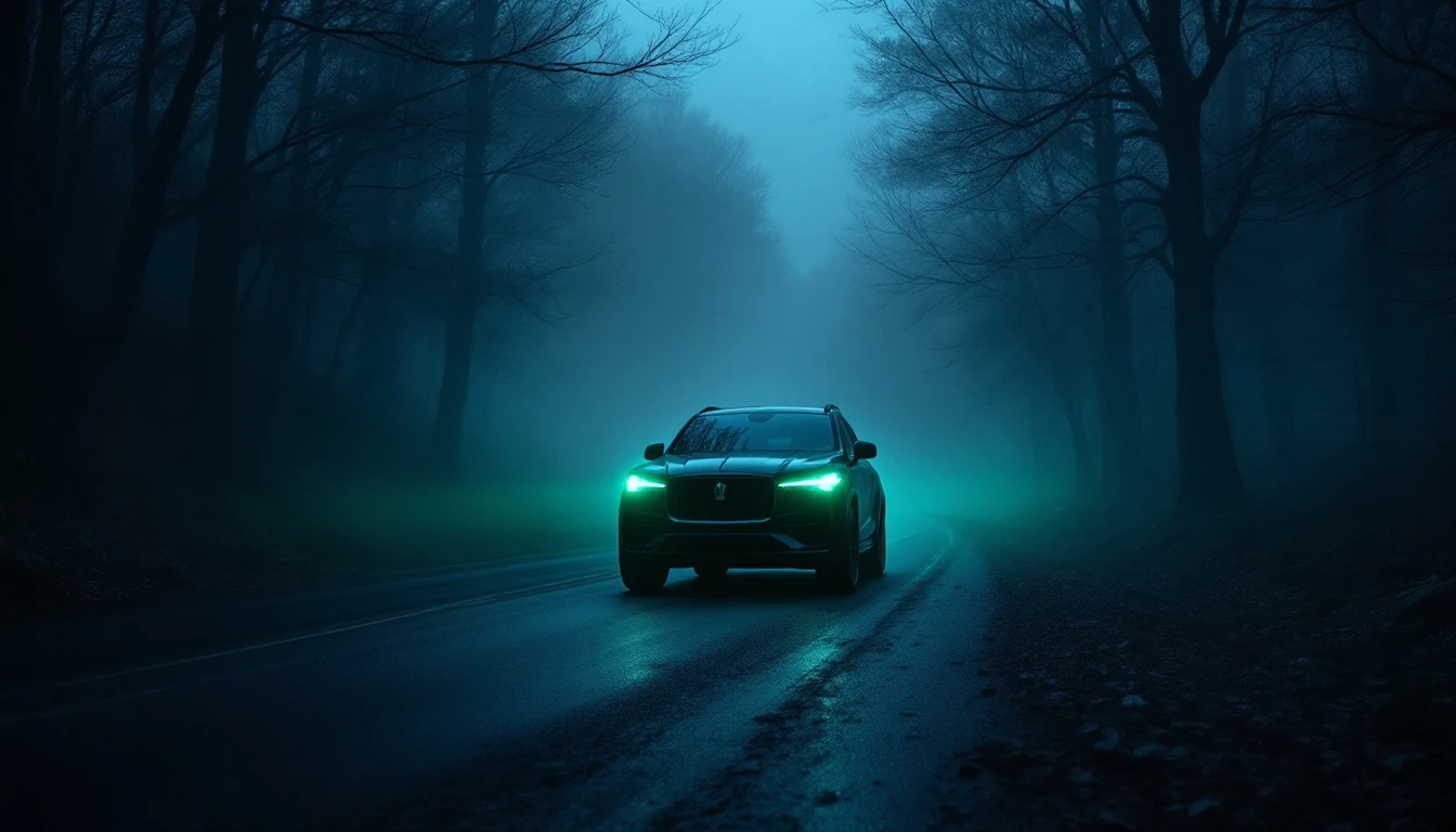 Modern SUV driving through foggy forest road at dusk with headlights on, illustrating safe nighttime driving practices