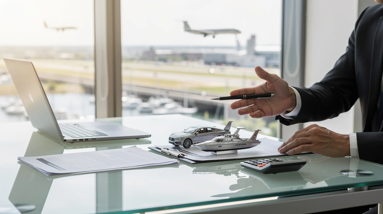 Businessman discusses elevated vehicle and yacht purchase with calculator and documents at airport office overlooking runways