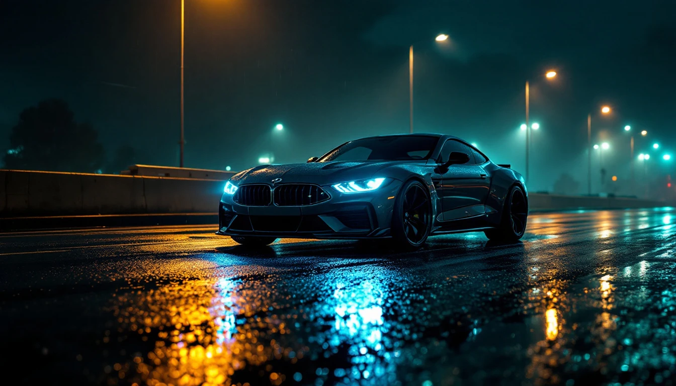 Sleek black sports car parked on wet night street under glowing streetlights and neon reflections