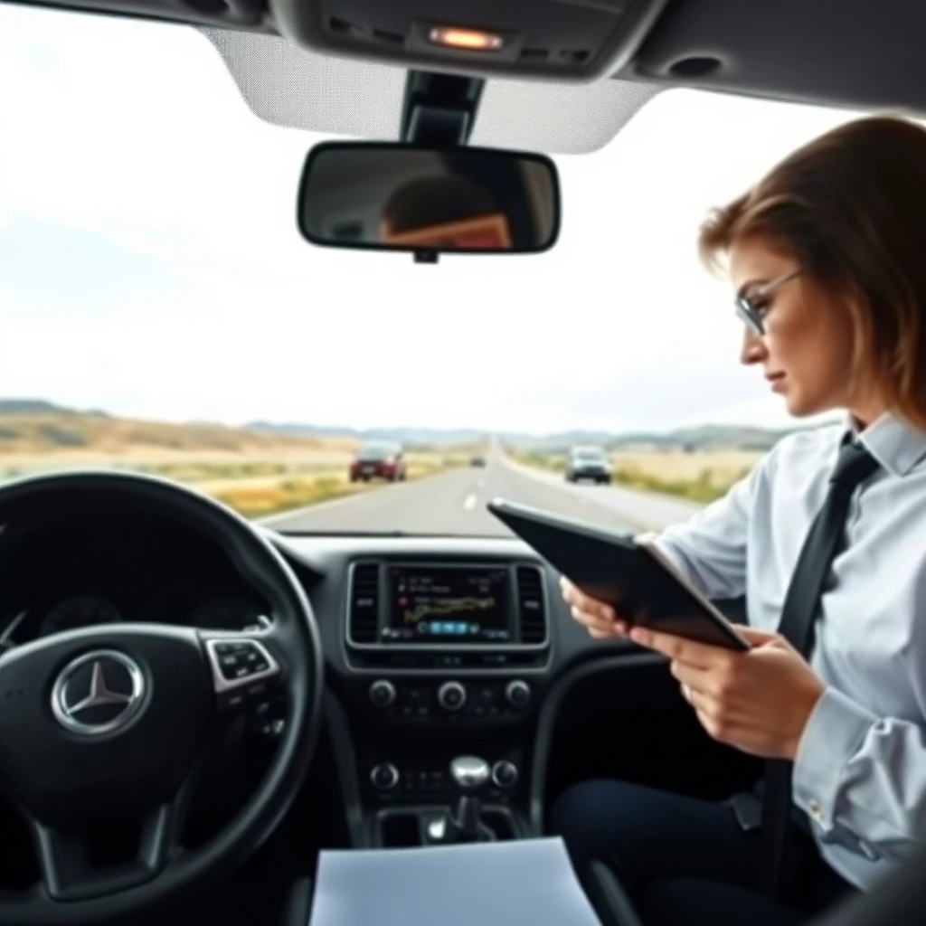 Professional woman reviewing vehicle registration documents inside Mercedes car on open road highway