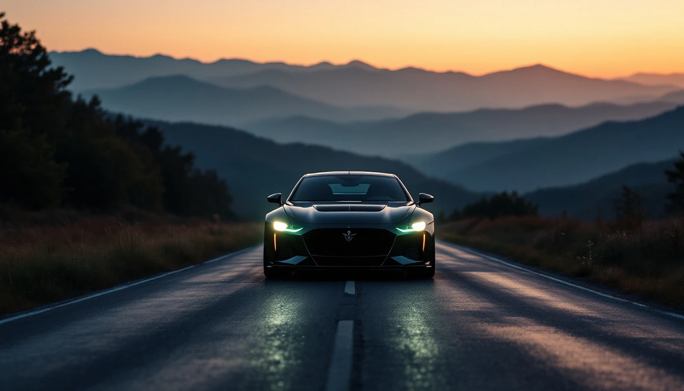 Elevated sports car driving on mountain road at dusk with headlights