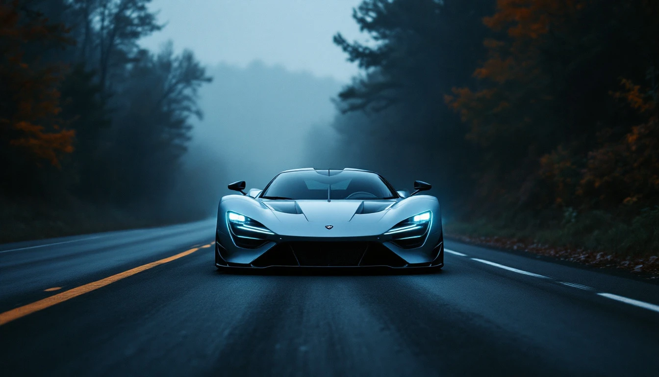 White sports car driving on foggy forest highway road with yellow lane markings