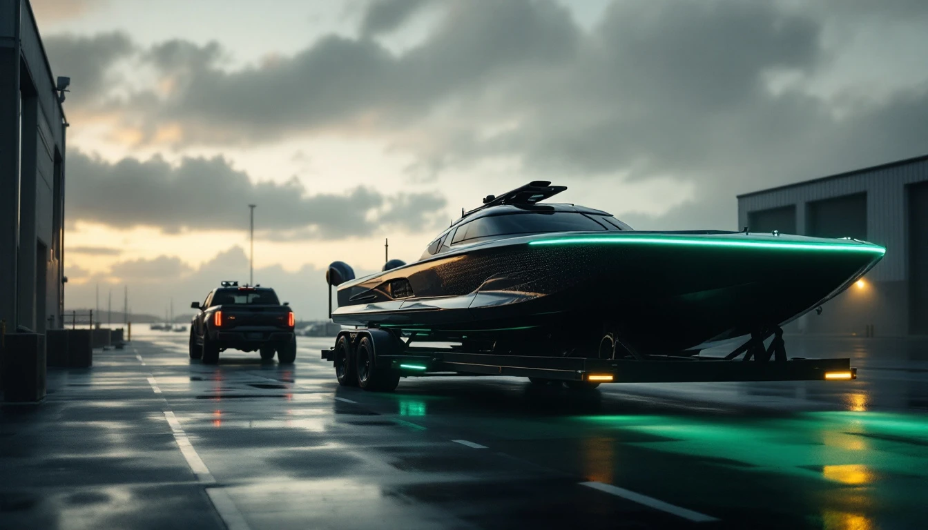 Elevated speedboat on trailer with green LED lights towed by vehicle at marina dock during dusk