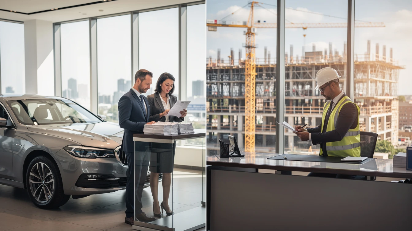 Professional discussing car insurance and surety bonds with vehicle in modern showroom overlooking city construction site