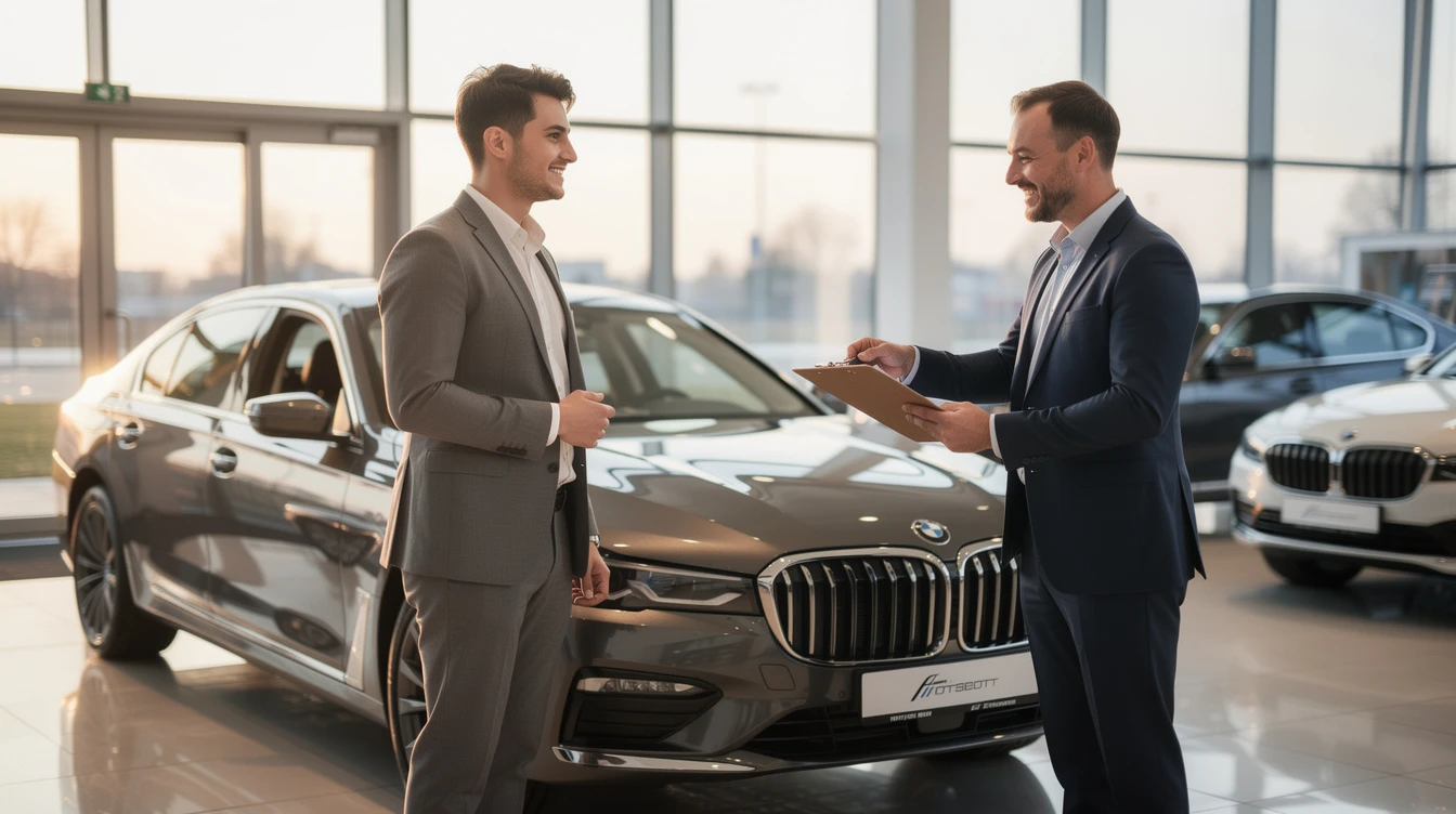 Car salesman presenting elevated BMW vehicle to businessman in modern dealership showroom with city skyline