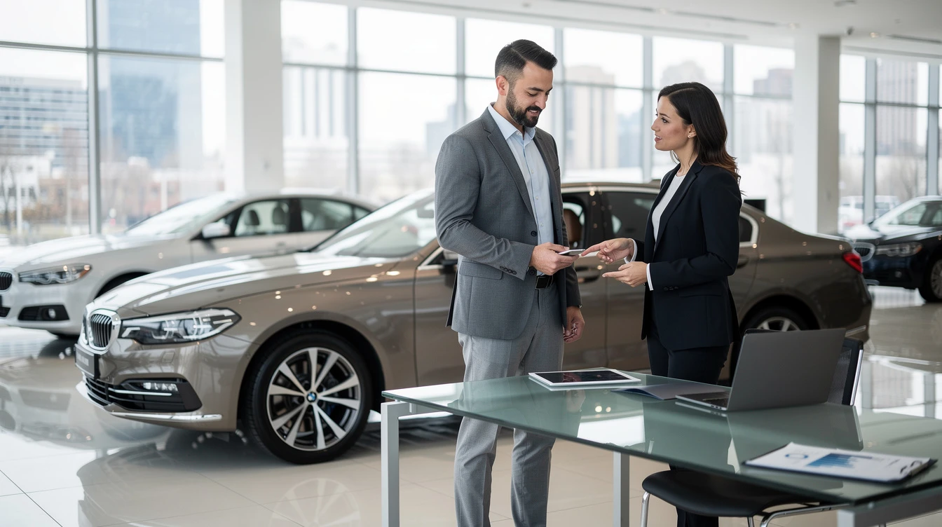 Car salesman presenting elevated vehicle to business woman in modern dealership showroom with city skyline view