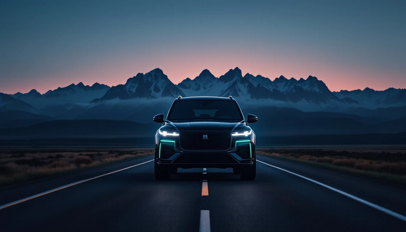 Elevated SUV with headlights on driving straight toward mountain range at dusk on desert highway