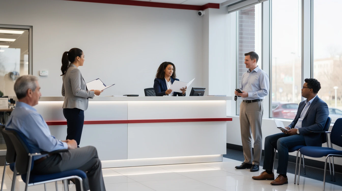 Business professionals in modern office reception area discussing documentation and registration requirements