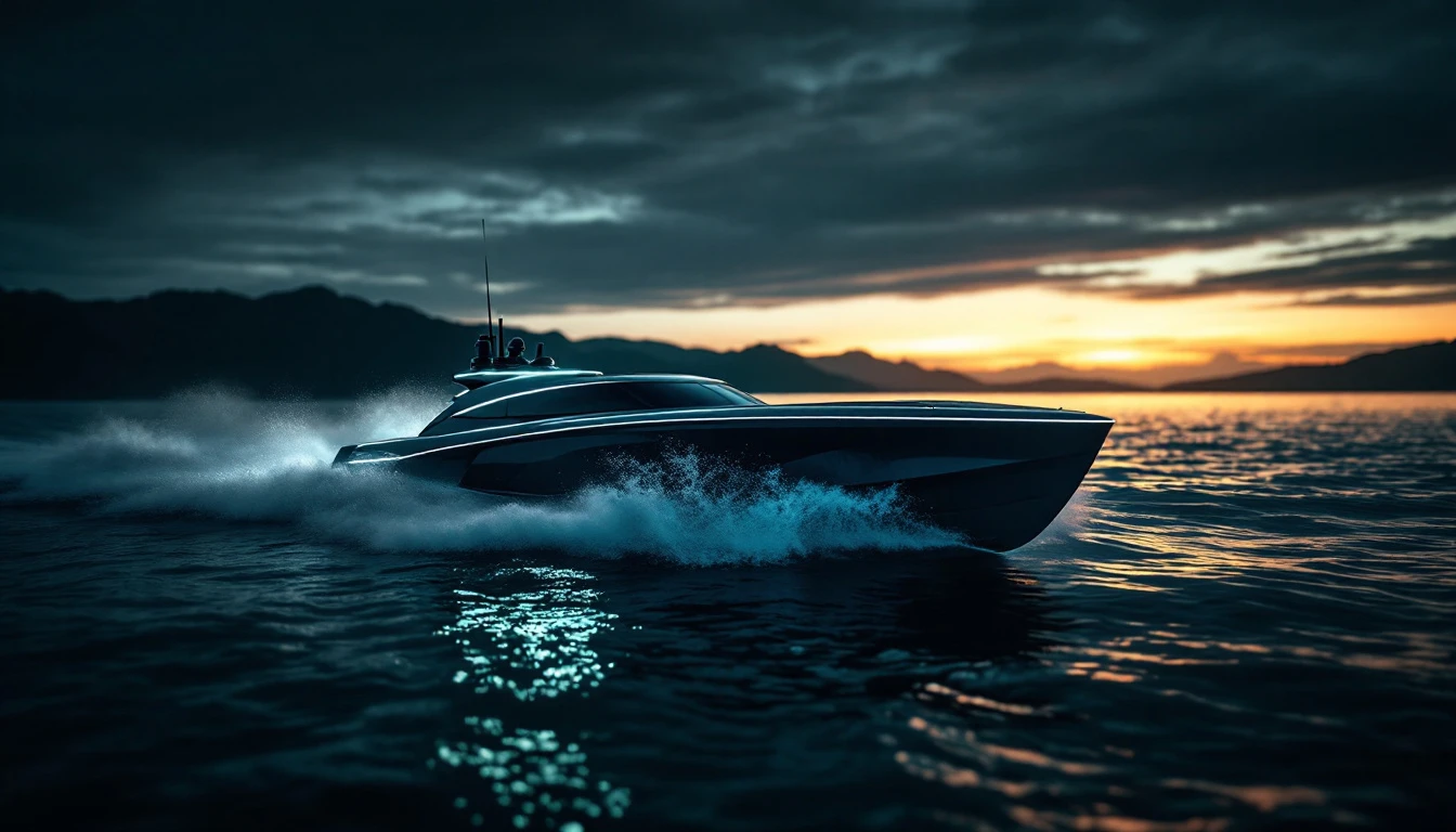 Elevated speedboat racing through ocean waves at sunset, showcasing bespoke yacht design for Miami boat show enthusiasts.