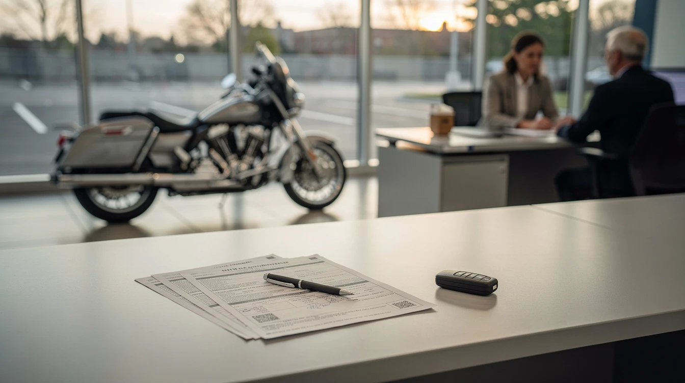 Motorcycle showroom with vehicle title paperwork and keys on desk during estate transfer consultation meeting.