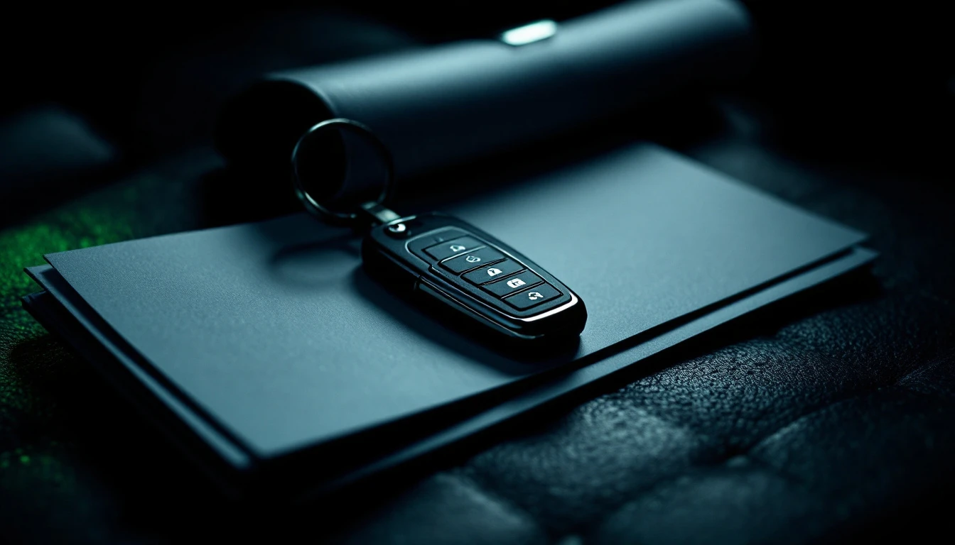 Modern car key fob resting on vehicle documentation inside elevated automobile