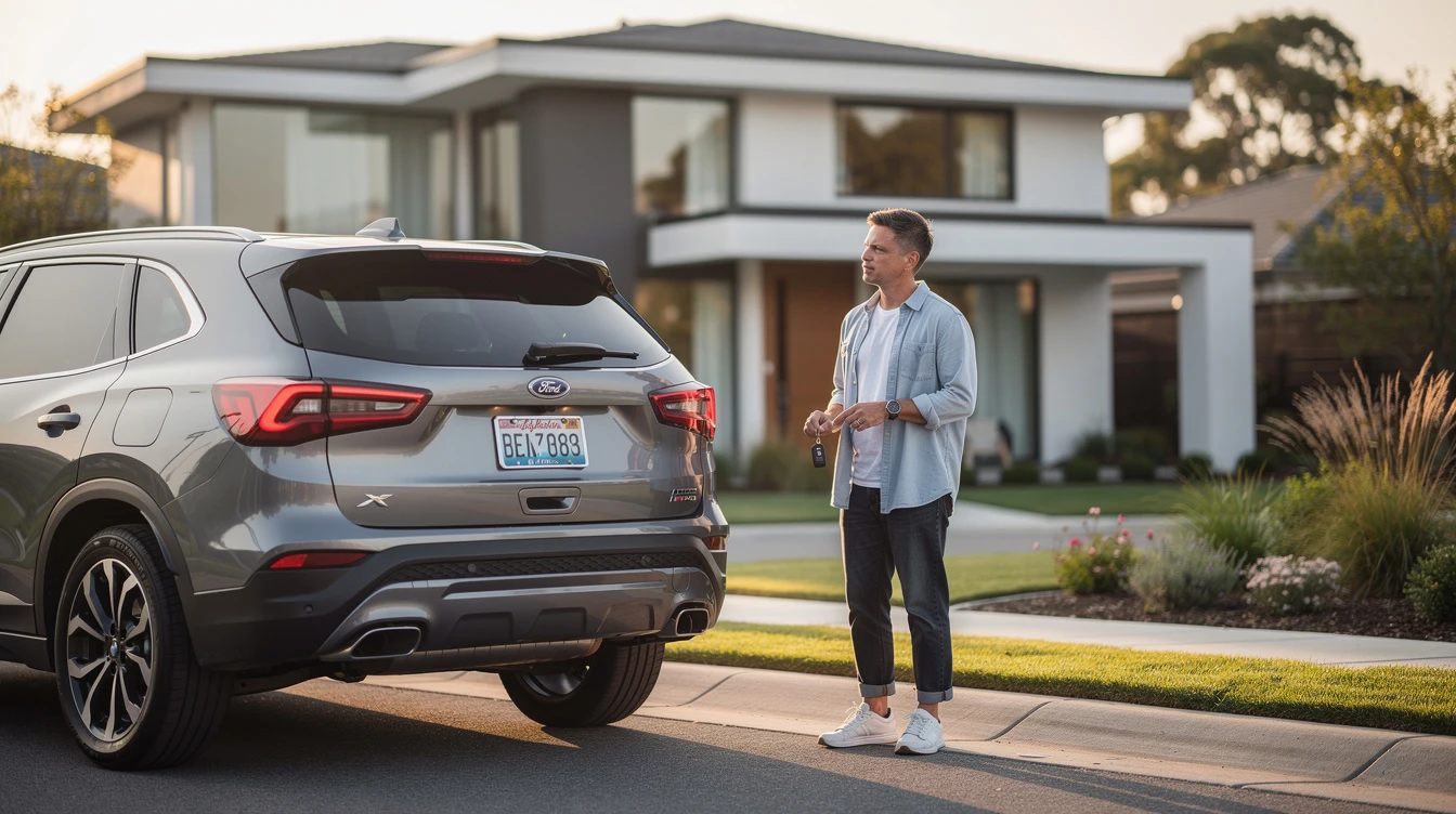 Man holding car keys standing in driveway next to Ford SUV, illustrating out-of-state vehicle registration concepts