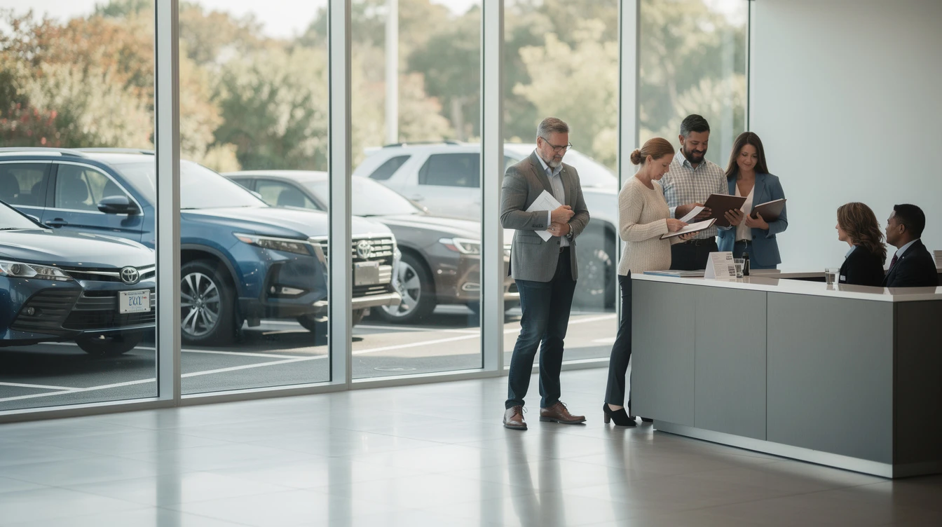 Car dealership showroom with customers and staff reviewing vehicle purchase documents and paperwork inside modern facility.