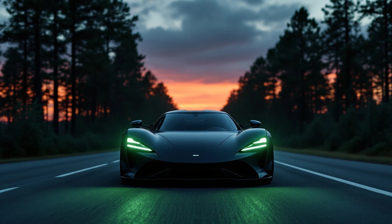 Sleek sports car driving on highway at sunset with headlights on, representing vehicle emissions testing requirements