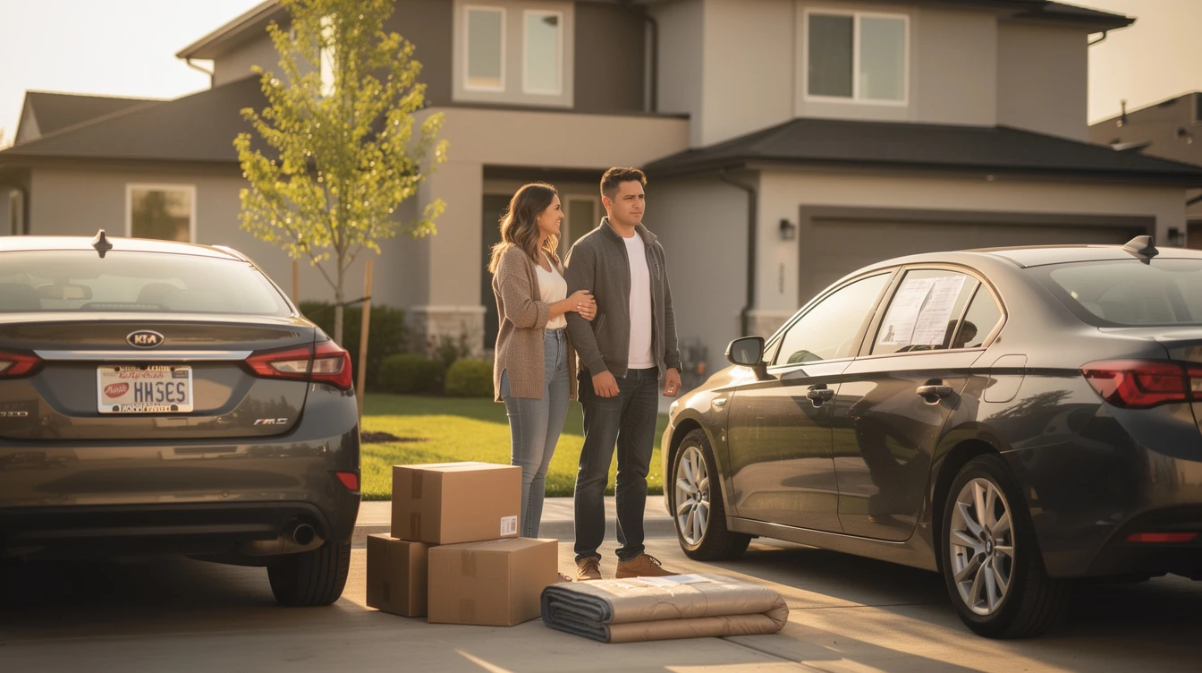Motorcycle parked in driveway while people load moving boxes into van