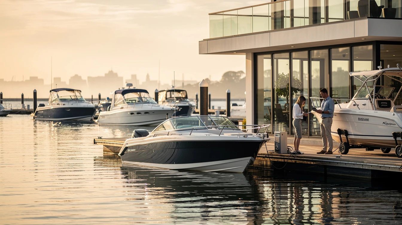Elevated boats docked at marina waterfront with two people discussing boat registration and ownership documents