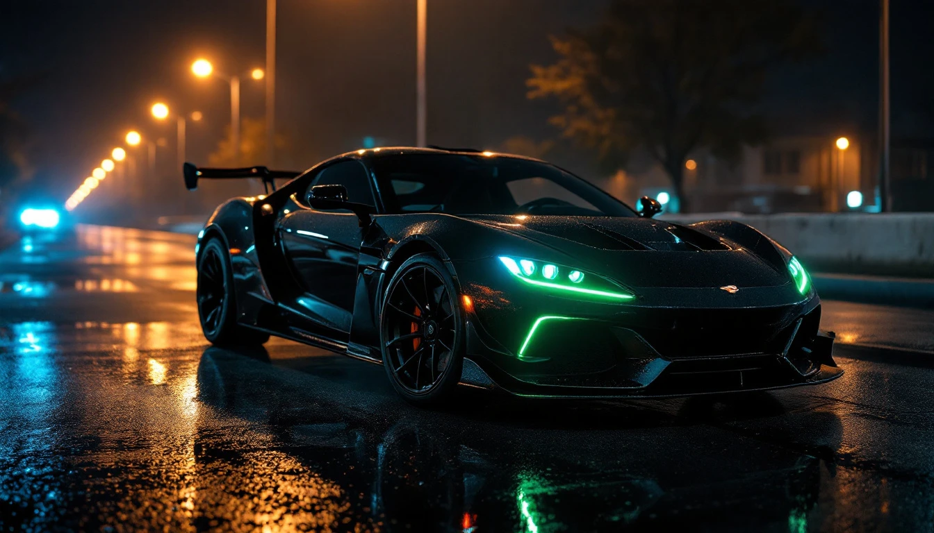 Father's Day celebration with elevated sports car and motorcycle on dark road at dusk