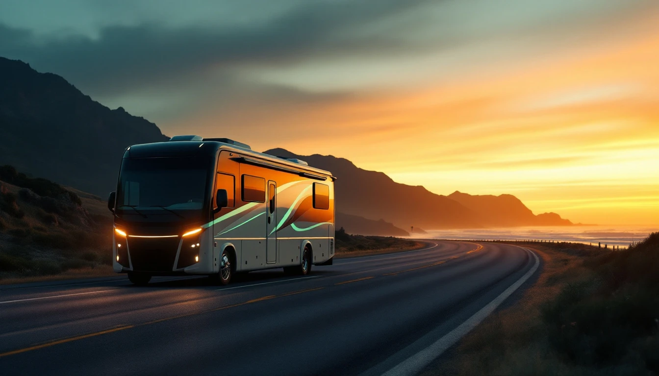 Modern motorhome driving coastal mountain highway at golden sunset, RV travel lifestyle adventure on scenic road
