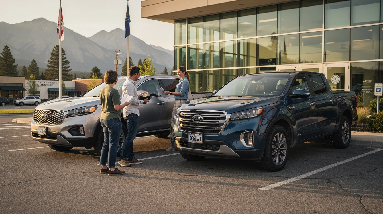 Family comparing new vehicles at Montana dealership lot with mountains in background