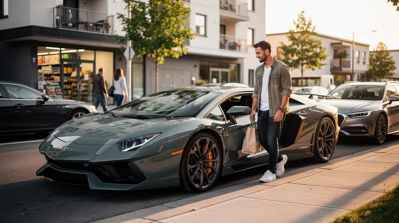 Man standing beside gray Lamborghini Aventador sports car parked on urban street