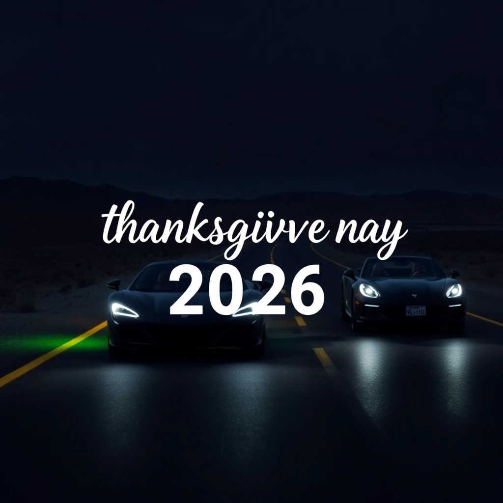 Elevated sports cars lined up on dark highway at night with Thanksgiving Day 2026 text overlay