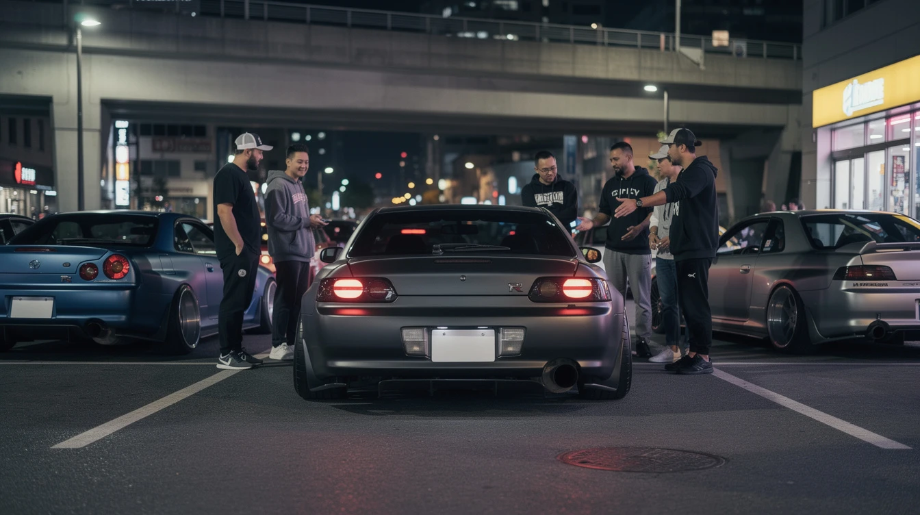 Modified sports cars and enthusiasts gathered at night car meet showcasing street racing vehicle customizations