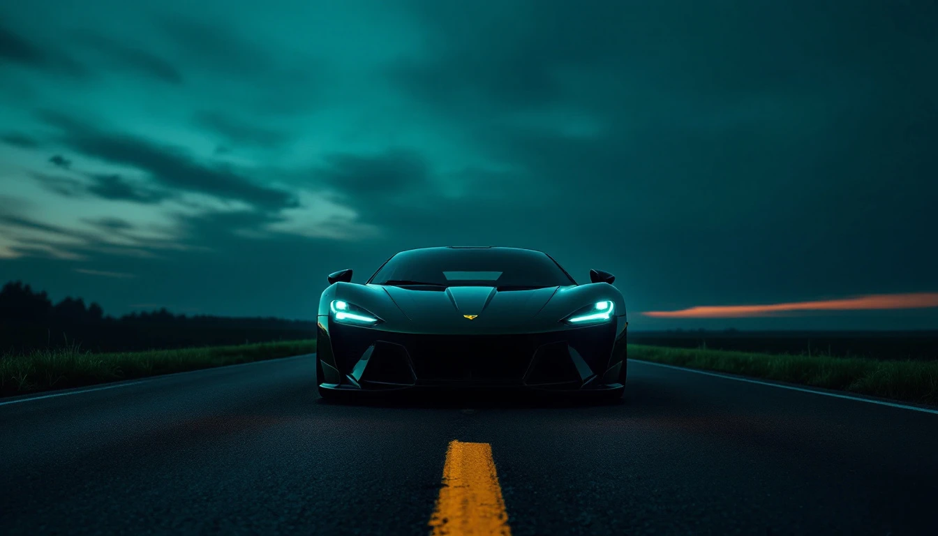 Sleek sports car with illuminated headlights driving on highway at dusk