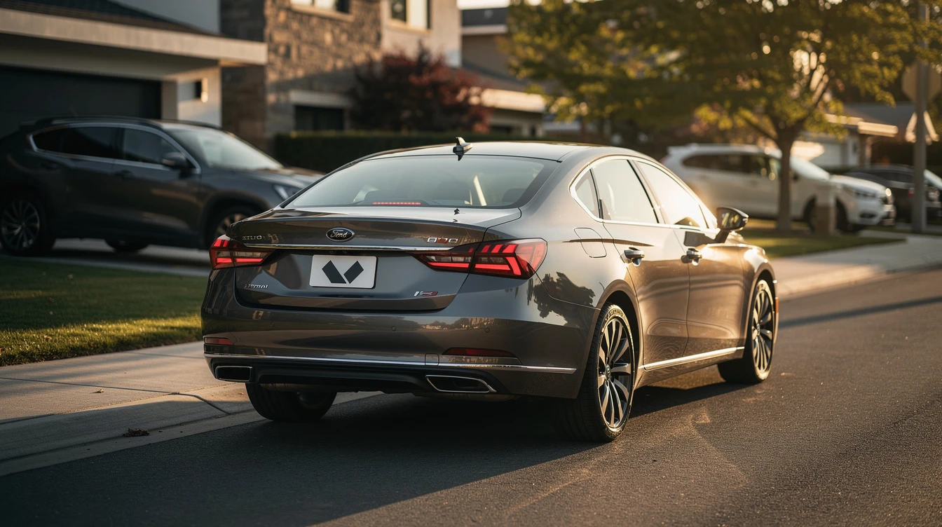Gray Ford sedan parked in residential driveway, illustrating vehicle registration and compliance requirements for new car